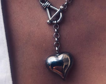 Silver Heart Toggle Clasp Statement Necklace: Stainless Steel Heart Charm
