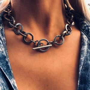 Silver bulky toggle clasp necklace,Statement Chain Necklace, Toggle Clasp Necklace, Layer Thick Necklace ,Rock Style Necklace,gift for her