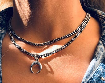 Silver Crescent Horn Necklace: Upside Down Moon Pendant Choker
