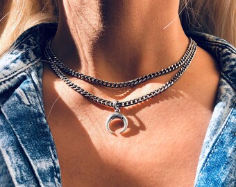 Silver Crescent Moon Choker: Layered Curb Chain Necklace