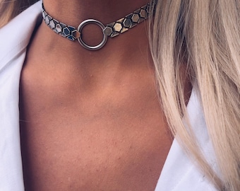 Silver Choker Necklace : Flat Chain Collar With O-Ring