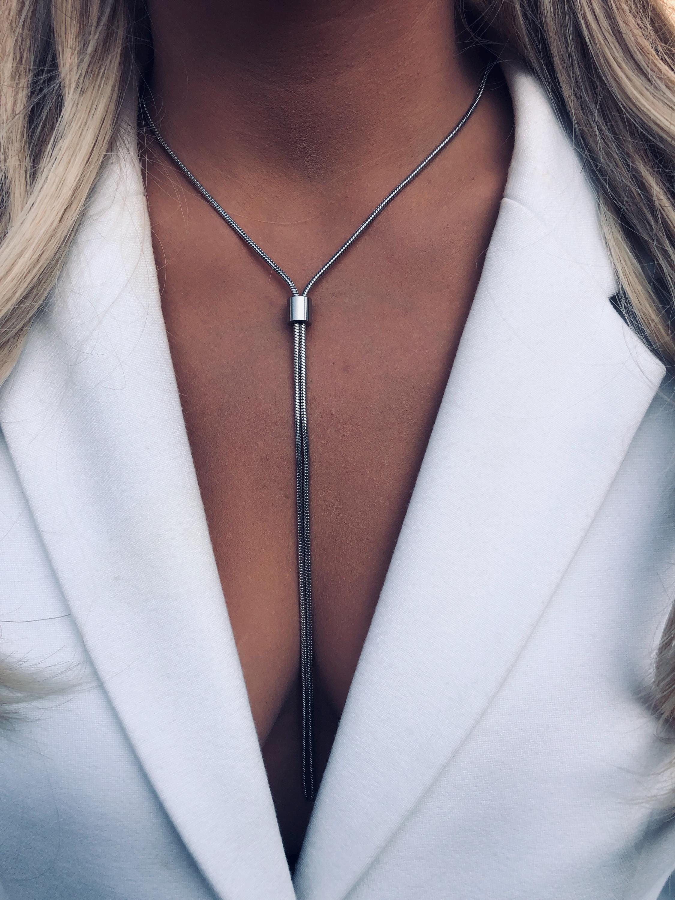 Silver Slip Chain Lariat Necklace: Hex Slider Pendant - Etsy