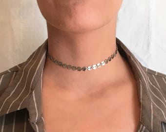 Silver Choker, Silver Tattoo Necklace, Boho Choker Necklace, Silver Coin Choker Necklace, Dainty Choker, Coin Choker, Thin Choker