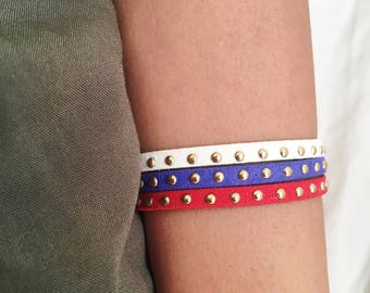 4th of July Jewelry,  Red White and Blue Suede Bracelet, Suede Bracelet, Gold Gems Bracelet, Faux Suede Bracelet