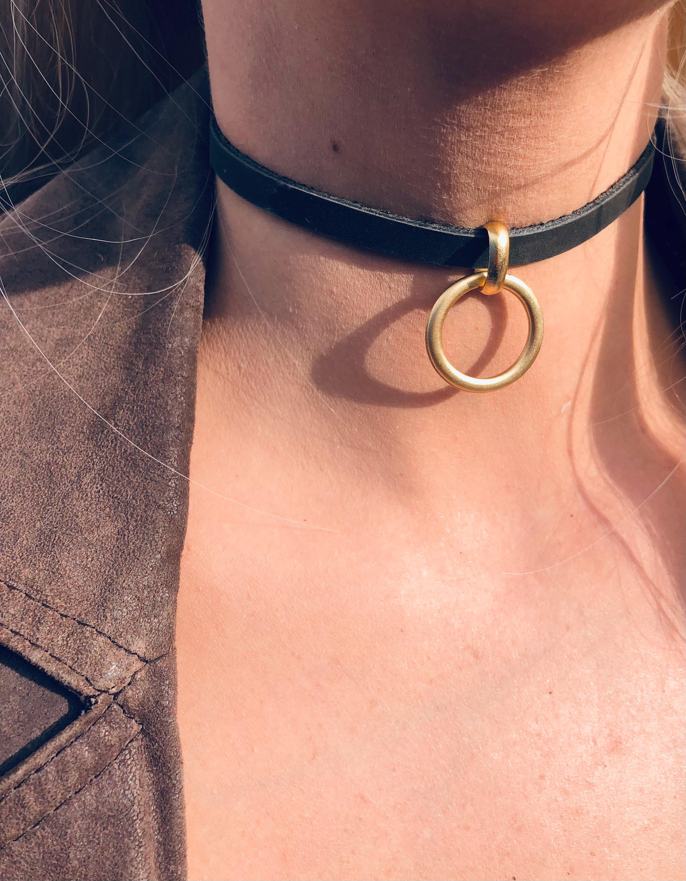 Black Leather Choker Necklace: Gold & Silver Pendant, O Ring