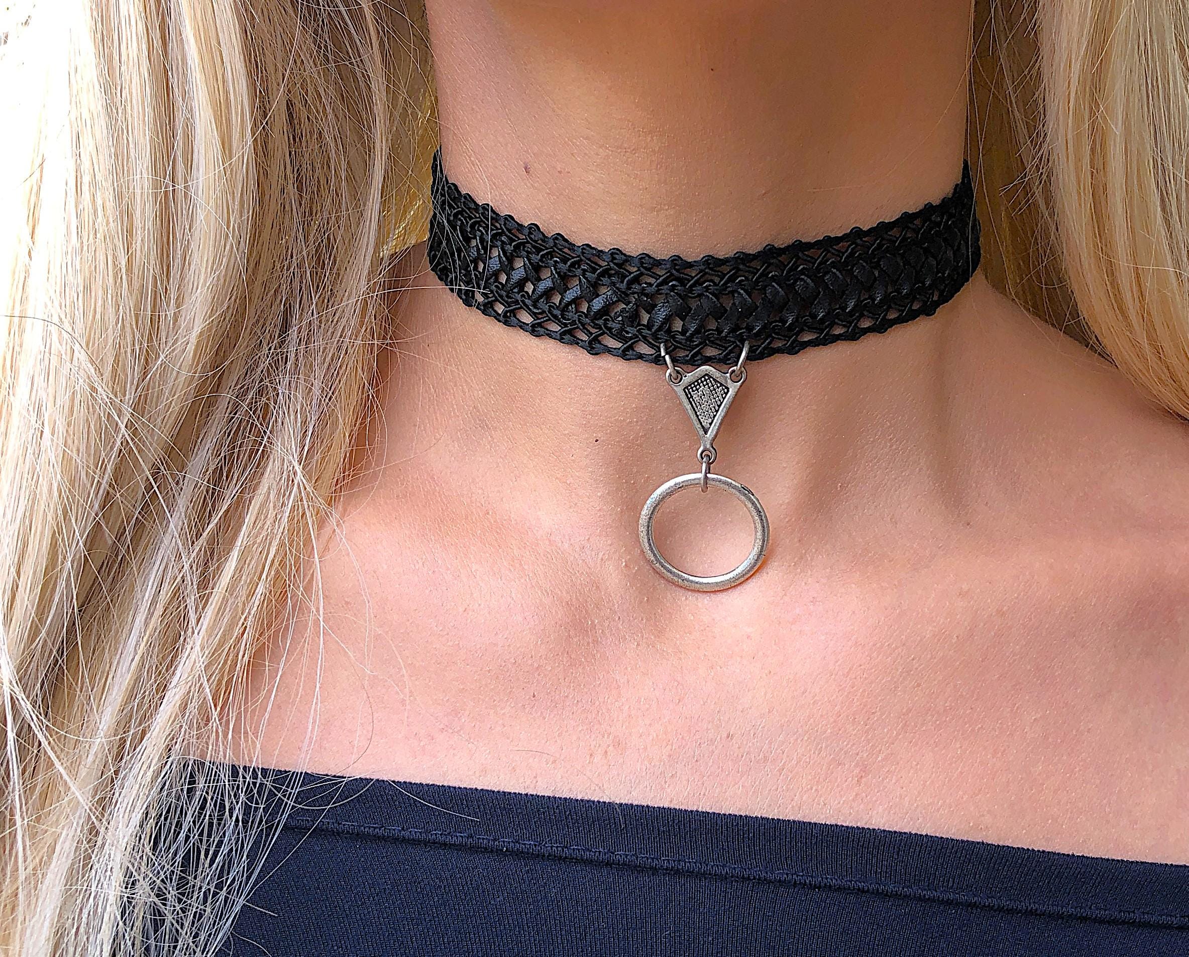 Black Leather  Curved Collar/Choker with Silver Tone Ring 1 main image 2