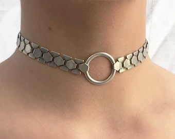 O-Ring choker Necklace, Silver Choker Necklace, silver chain choker, Flat chain choker, Choker Collar, O - Ring Choker Collar