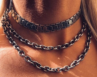 Wielowarstwowy srebrny łańcuszek choker: potrójnie warstwowy, awangardowy naszyjnik