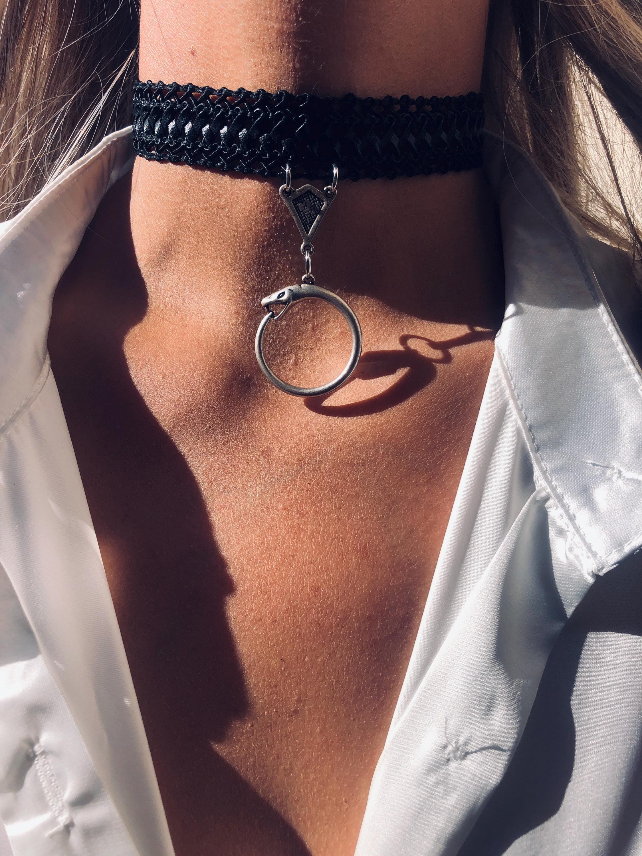 Black Leather Choker Necklace: Silver Ring Detail, Adjustable