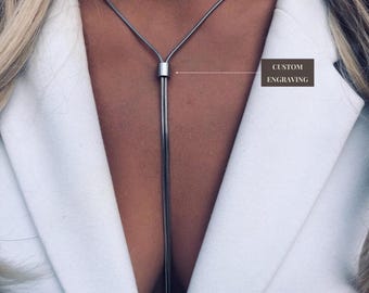 Silver Slip Chain Lariat Necklace: Hex Slider Pendant