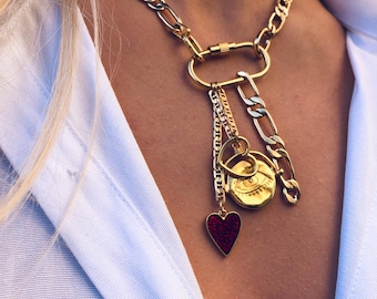 Dainty Gold Figaro Chain Necklace: Carabiner Clasp Charm