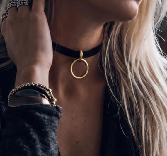 Black Leather Choker Necklace: Gold & Silver Pendant, O Ring