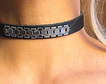 Leather Choker with Hexagonal Silver Element | Grunge Nugoth Pastel Goth Style Day Collar