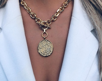 Gold Chunky Chain Necklace: Ancient Medallion Toggle, Statement Jewelry