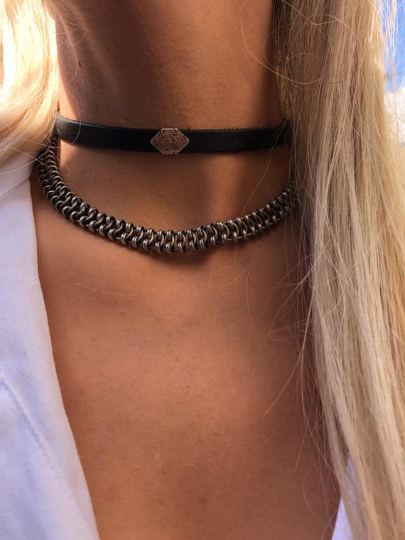 Choker With Pendant,leather Choker,handmade Unique Choker, Biker