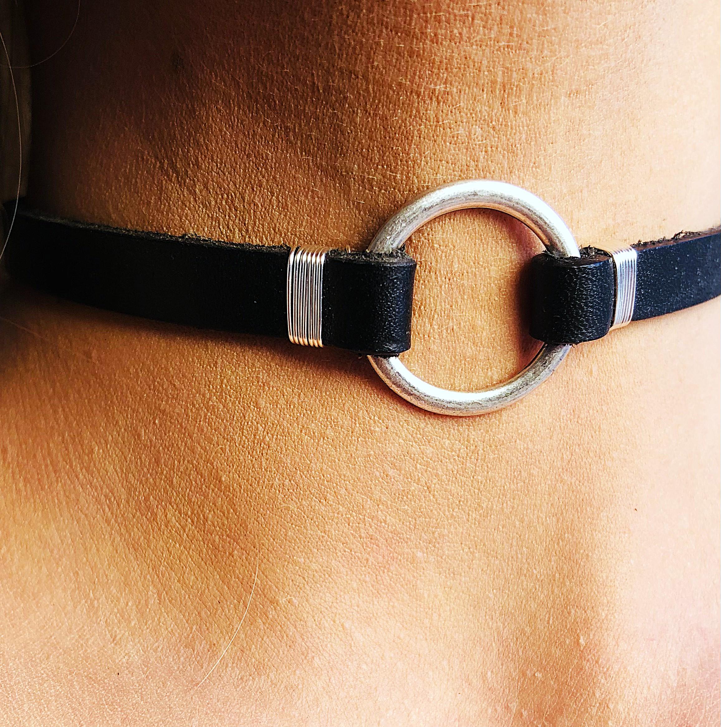 O-ring Choker Necklace, Leather Choker Necklace, Silver Ring O-ring Choker Necklace, Leather Choker Necklace, Silver Ring