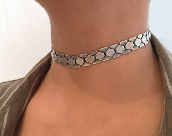 Zilveren ketting choker, zilveren choker ketting, schakels ketting choker, dunne choker ketting, platte ketting choker, zilveren choker, ketting link choker