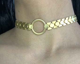 O-Ring choker Necklace, Gold Choker Necklace, Gold chain choker, Flat chain choker, Choker Collar, O - Ring Choker Collar