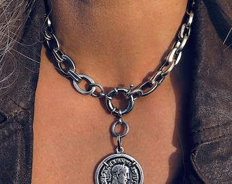 Silver Coin Chunky Chain Necklace: Medallion Statement Jewelry