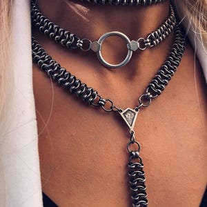 set of Three silver necklaces,long drop necklace,Y Chain necklace,O-Ring choker,Unique Gift Idea,edgy set necklace,Silver beaded necklace