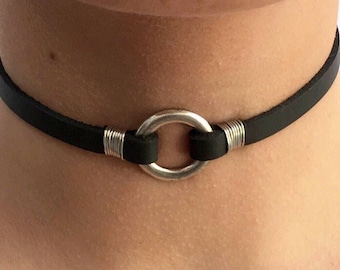 O-Ring choker Necklace, Leather Choker Necklace, Silver ring Choker Necklace, Black Choker, Classic Choker, Thin Black Choker, Choker Collar