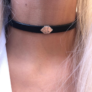 Black Leather Choker, genuine Leather Necklace For Women, with a silver pendant ,Gothic Leather Neck Strap, Minimalist Choker Necklace