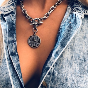 Silver Toggle necklace with Coin , T-bar necklace, Gold Toggle necklace, gold toggle clasp necklace, gold coin necklace, Gift for her