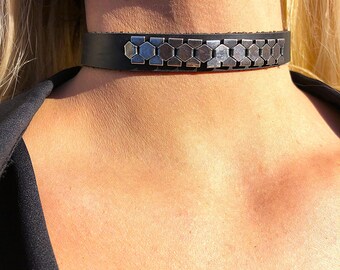 Gothic Leather Statement Choker, Silver-Plated Chain Necklace, Minimal Punk Jewelry, Unique Black Necklace