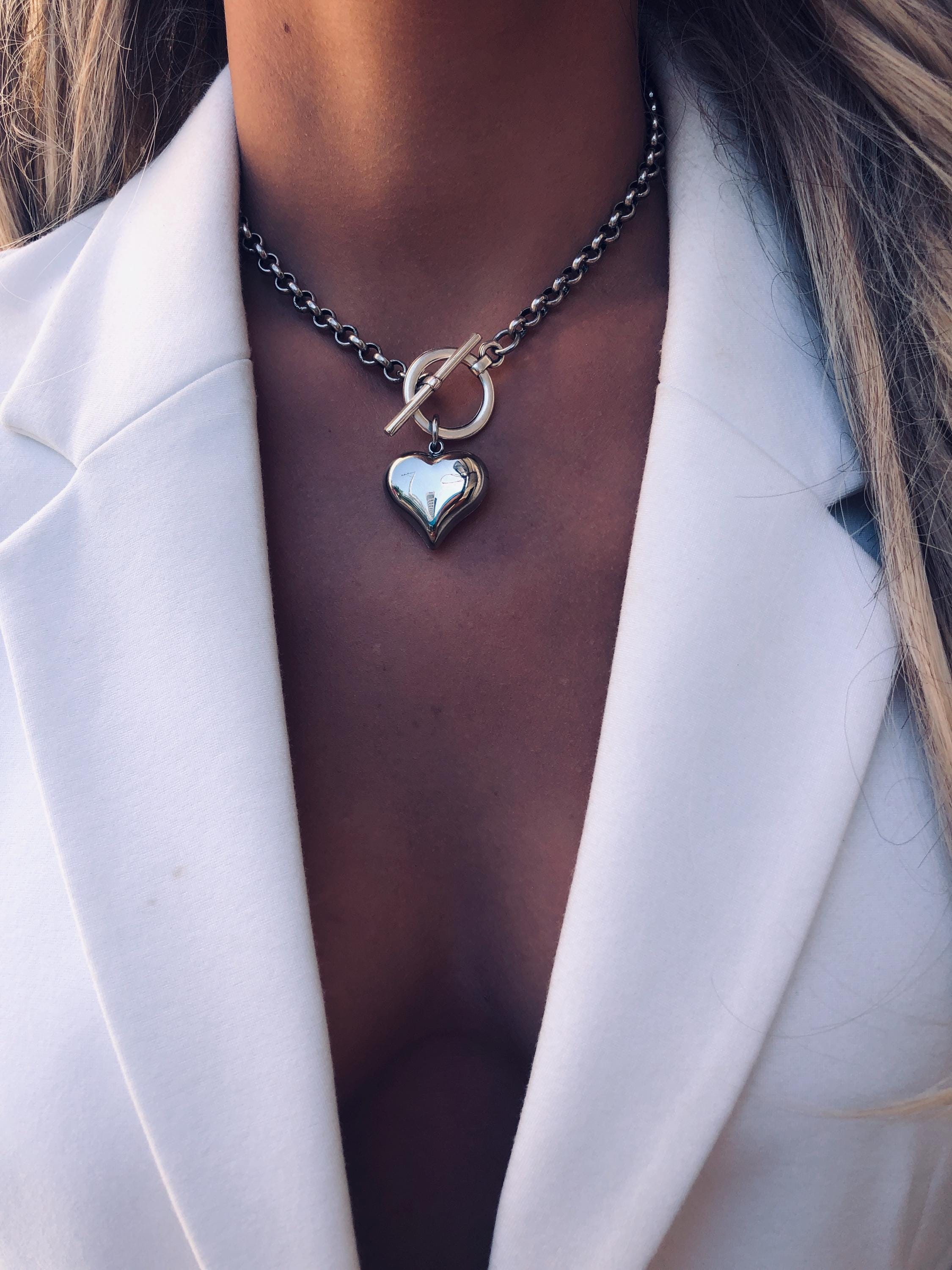 シルバートグルネックレス：ハートペンダントTバーチェーン - Etsy 日本