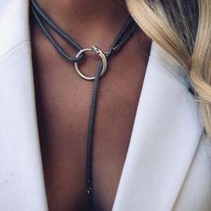 BDSM Snake Choker Necklace with O Ring & Tusk, Fetish Collar Jewelry, Adjustable Silver Choker, Alternative Punk Statement Gift