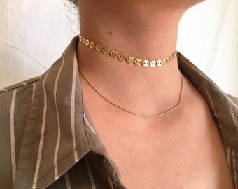 Gold Choker, Gold Tattoo Kette, Boho Choker Halskette, Goldmünze Choker Halskette, Zierlicher Choker, Coin Choker, Layering Halskette in Gold