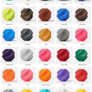 May include: A grid of colorful, abstract decorative objects in various colors, including green, beige, black, blue, brown, gold, pink, and purple. Each object has a unique, swirling design.