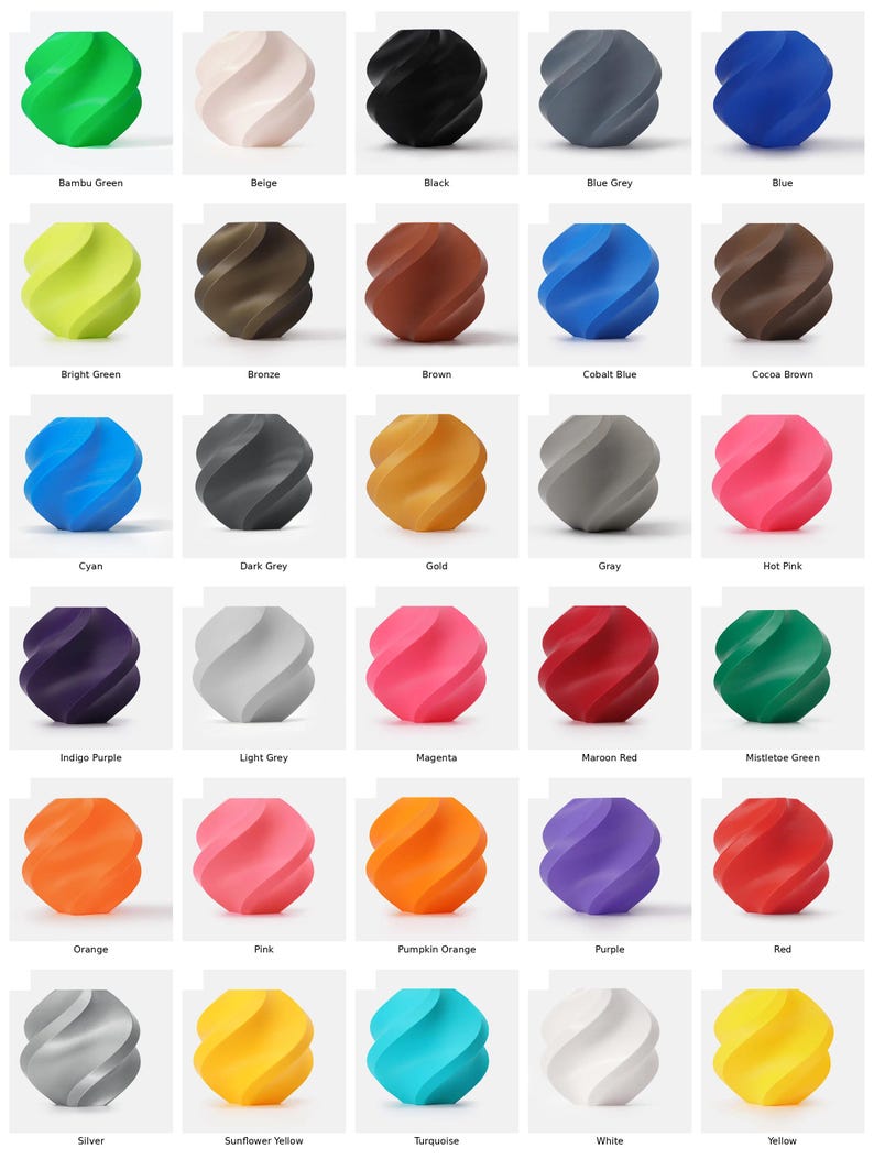 May include: A grid of colorful, abstract decorative objects in various colors, including green, beige, black, blue, brown, gold, pink, and purple. Each object has a unique, swirling design.