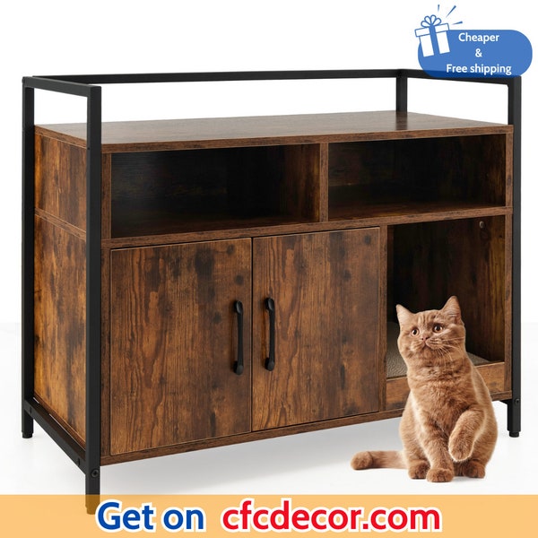 Large Litter Box Enclosure Cat Wooden Storage Cabinet with 2 Doors