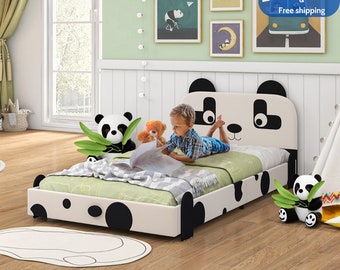 Kids Twin Size Bed, Toddler Upholstered Low Profile, Bed Frame w/ Panda Headboard