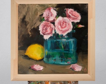 Roses and Lemon still life original oil painting wall art home decor fine art wall art Hand Made