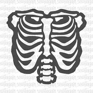 May include: A grayscale illustration of a human rib cage, featuring detailed depictions of ribs and sternum. The design is a silhouette, suitable for Halloween or medical-themed projects. The image has a clean, minimalist aesthetic.