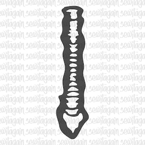 May include: A dark gray spine bone illustration. The design features a detailed depiction of the vertebrae and overall structure of the spine. The image is a silhouette, with a clean, minimalist aesthetic.
