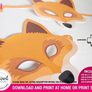 PRINTABLE Fox Mask for Kids | face mask, eye mask, masquerade mask, fox costume, fox party, fox ears, fox hat, fox print, party favors