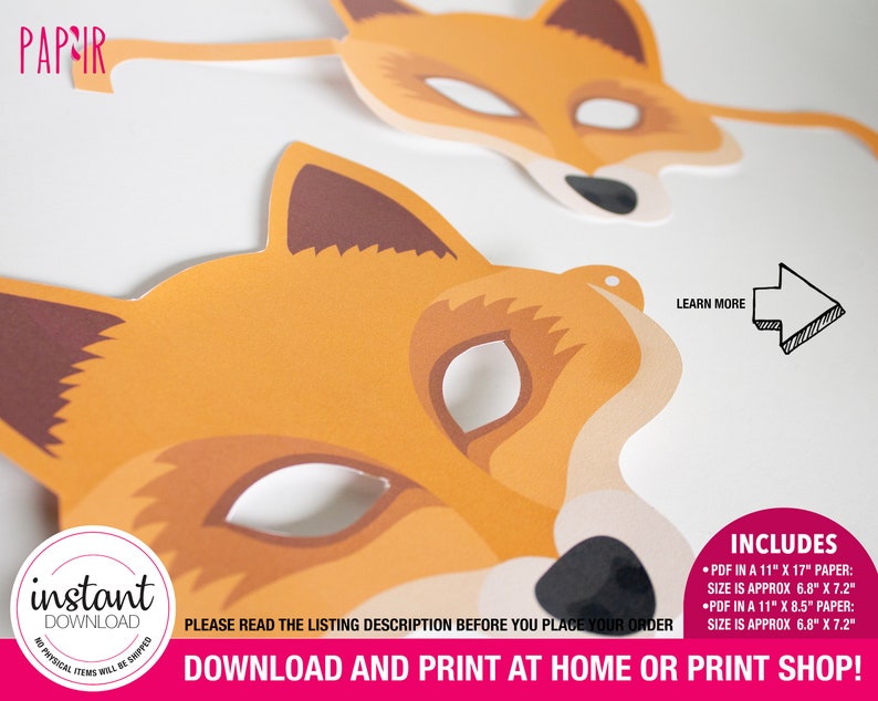 PRINTABLE Fox Mask for Kids Face Mask Eye Mask Masquerade - Etsy