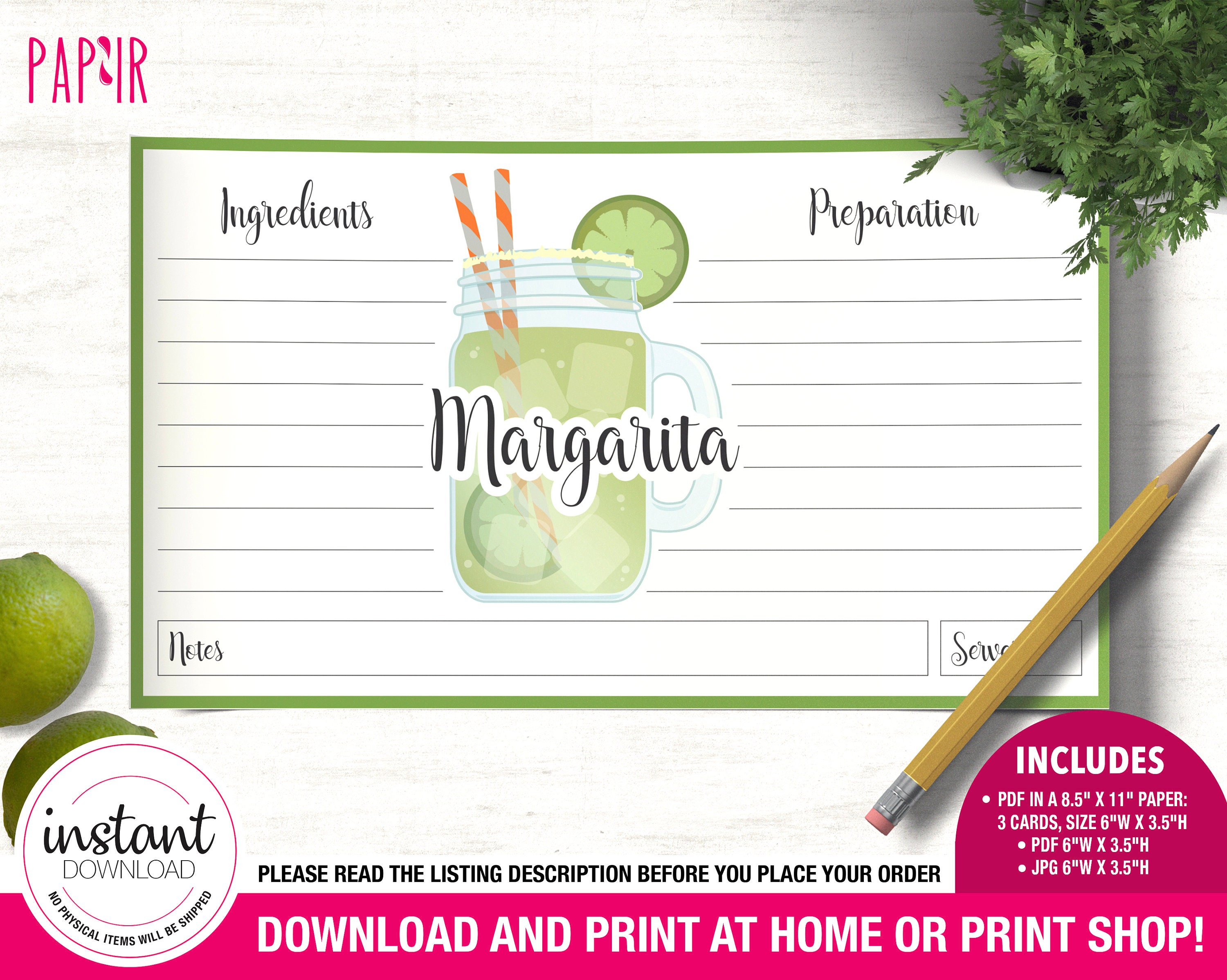 PRINTABLE Card Recipe Template Margaritas Cocktail Template Custom