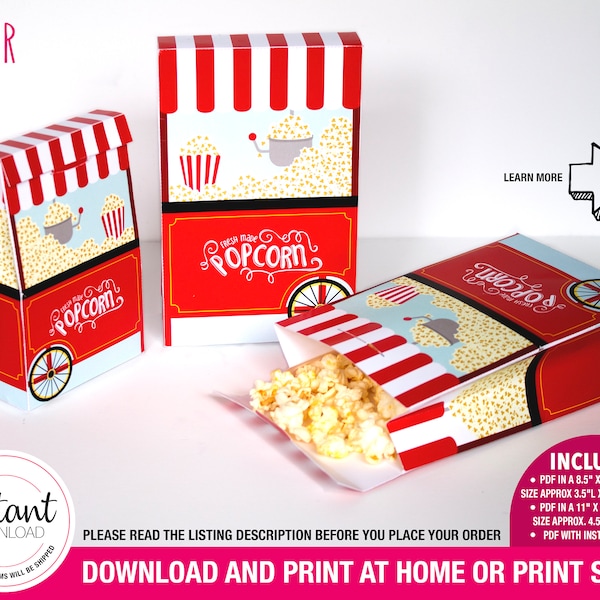 PRINTABLE Popcorn Box | popcorn bag, popcorn favor bag, goody box, popcorn favors, popcorn bags, popcorn party favor, popcorn box favor