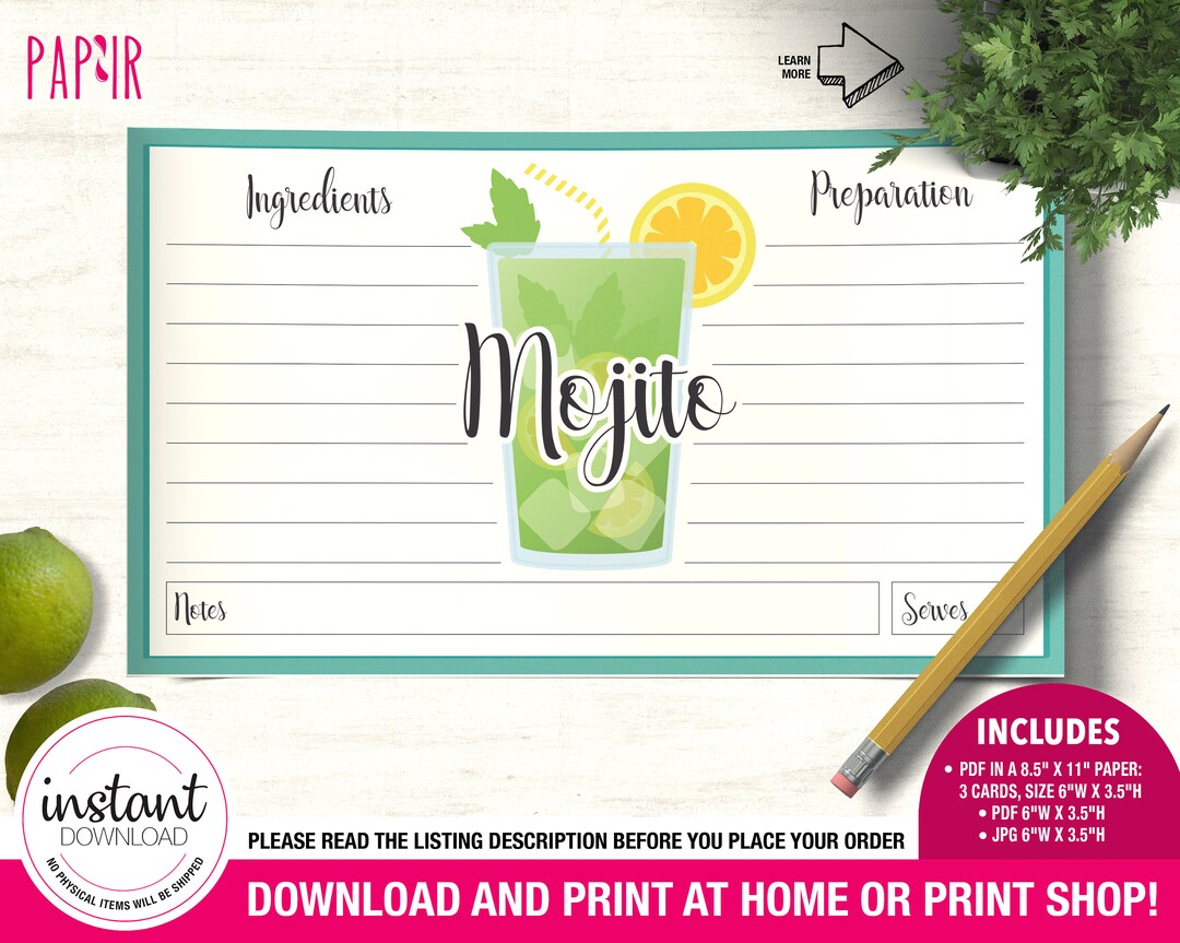 PRINTABLE Card Recipe Template Mojito | Cocktail Template, Recipe Box ...