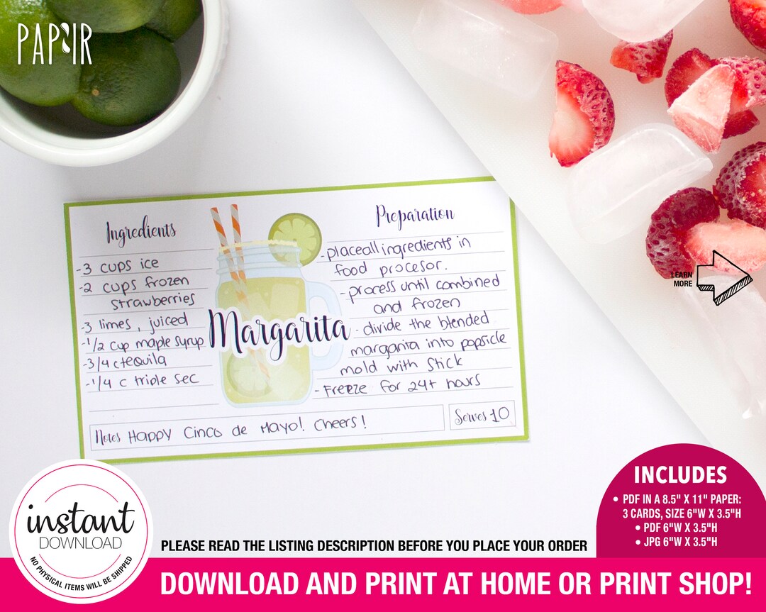 PRINTABLE | Card Recipe Template Margaritas | Cocktail Template | Custom Recipes | Recipe Box ...