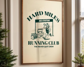 Retro Running Print, Hard Miles Club Art Poster, Marathon Gift, A0, A1, A2, A3, A4