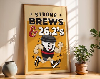Funny Vintage Marathon Running Print, Retro Coffee Art Poster, A0, A1, A2, A3, A4