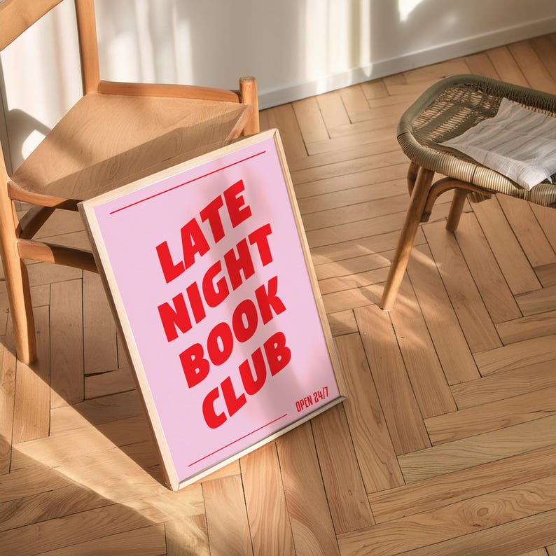 Late Night Book Club Quote Print, Typographic Wall Art Cosy Book Nook Poster A0, A1, A2, A3, A4 image 2