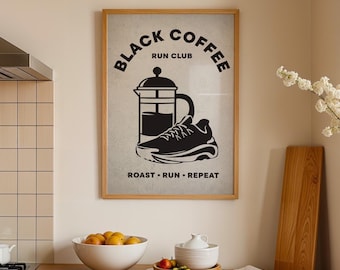 Black Coffee Run Club Poster Print: Boho Yoga Meditation Mindful Running gift Art A0, A1, A2, A3, A4