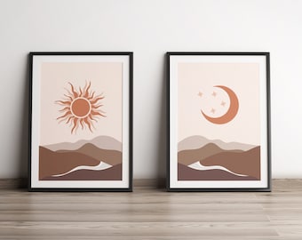 Set of Two Illustrated Sun and Moon Boho pink Landscape Posters, Digital Download, Printable Wall Art, Moon Art Print, moonlight, Desert art