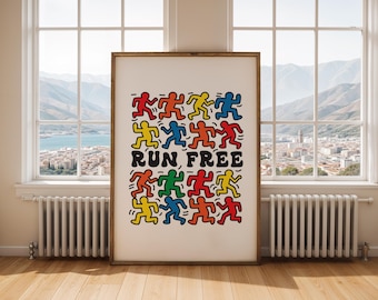 Run Free Print, Keith Haring Inspired Style Art Poster, Running Gift, A0, A1, A2, A3, A4